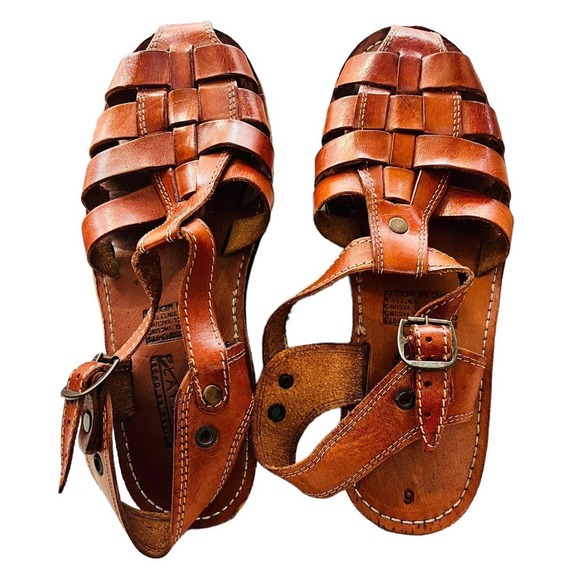 Huaraches Authentic Playera Walnut Leather Sandals Cross Woven in Mexico Sz 9 - Picture 1 of 13
